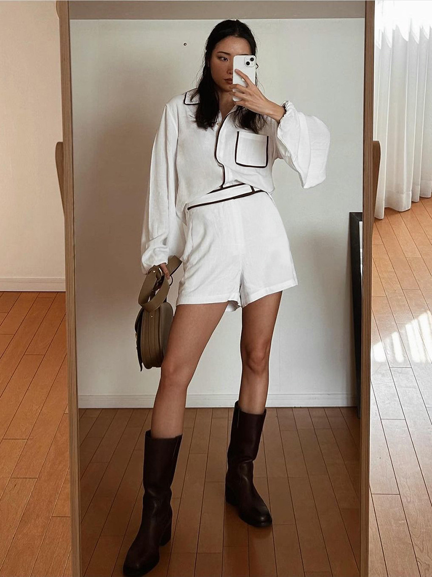 Two Piece Set Women Outfit 202 - Mens Linen Shirt Long Sleeve 评论和价格