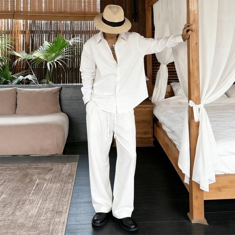 White Linen Set Loose Fit Long - Mens Linen Shirt Long Sleeve 评论和价格