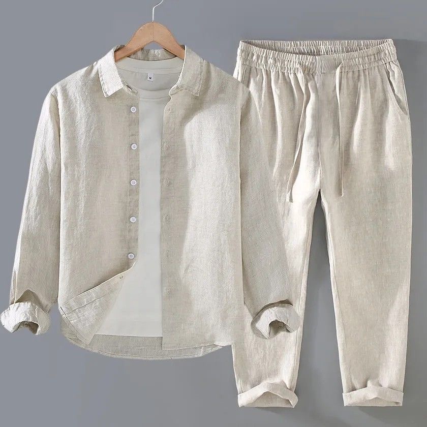 White Linen Set Loose Fit Long - Mens Linen Shirt Long Sleeve 评论和价格