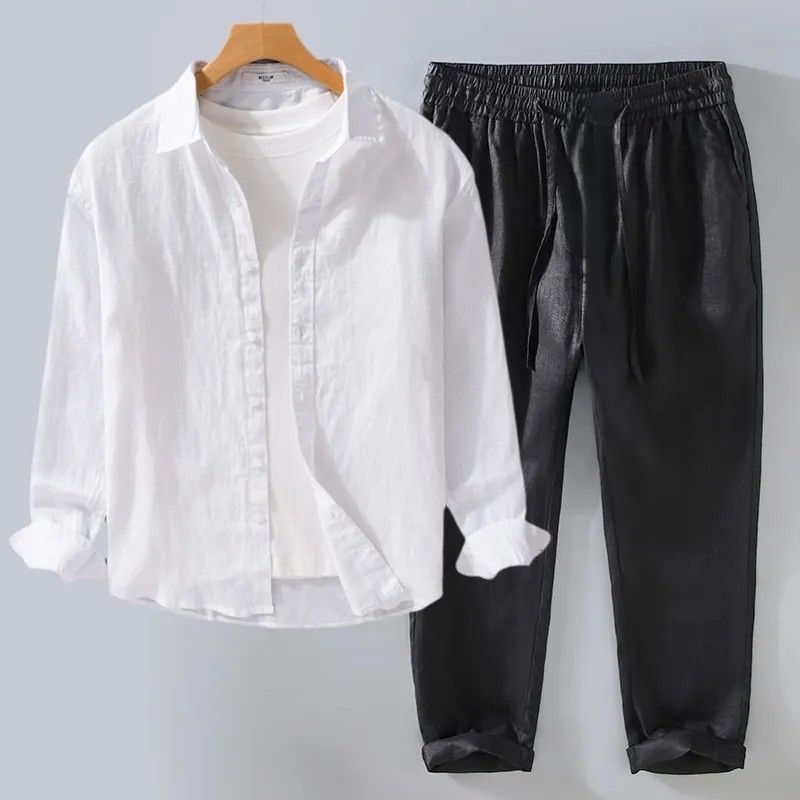 White Linen Set Loose Fit Long - Mens Linen Shirt Long Sleeve 评论和价格