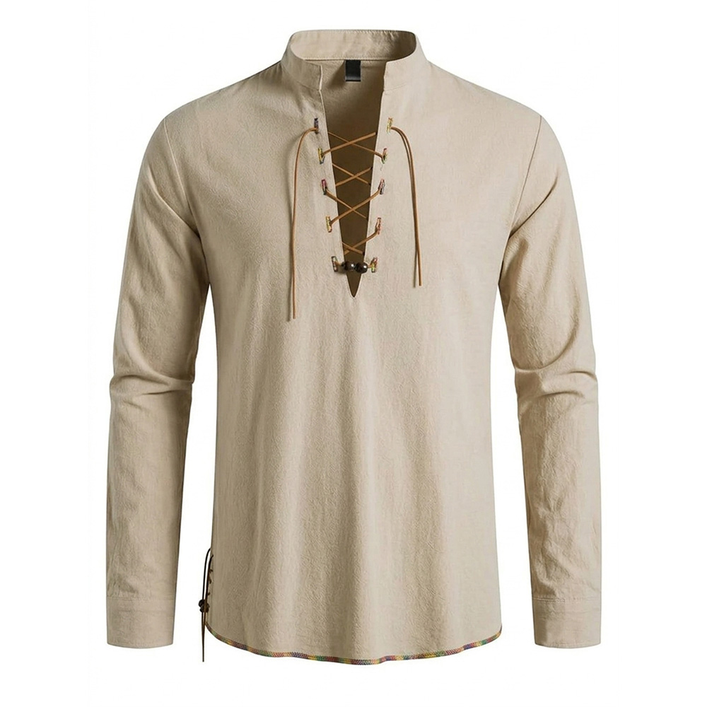 Men's Henley Neck Medieval Shi - Medieval Gothic Lace Up Pirate Shirt 评论和价格