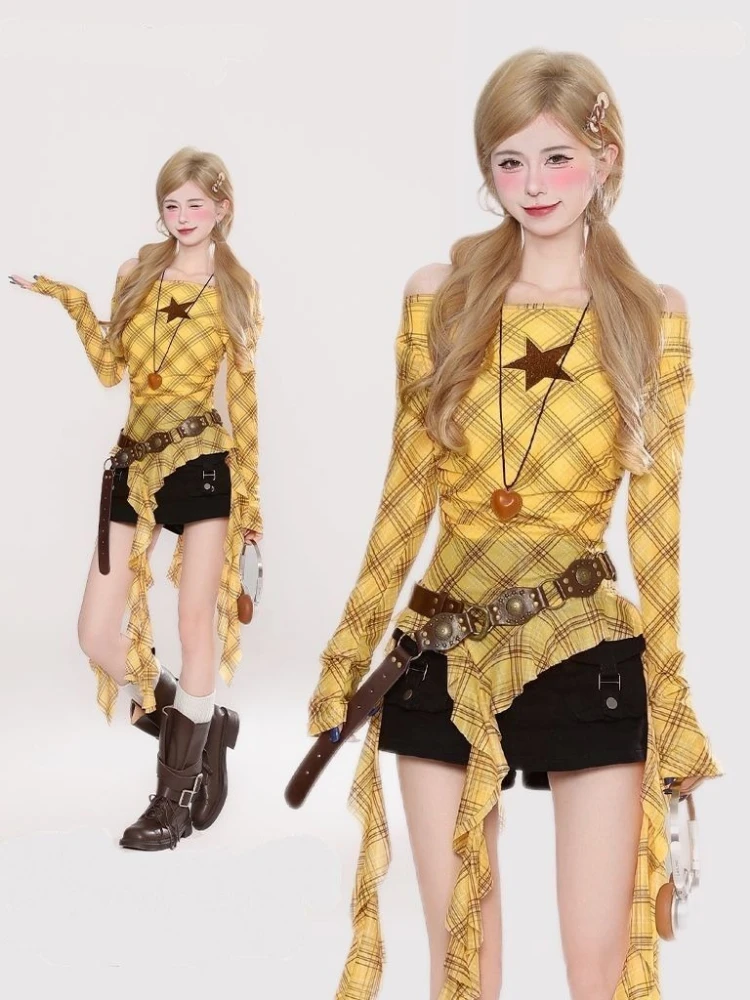 Y2K Plaid Slash Neck Vintage T - Shirts 评论和价格