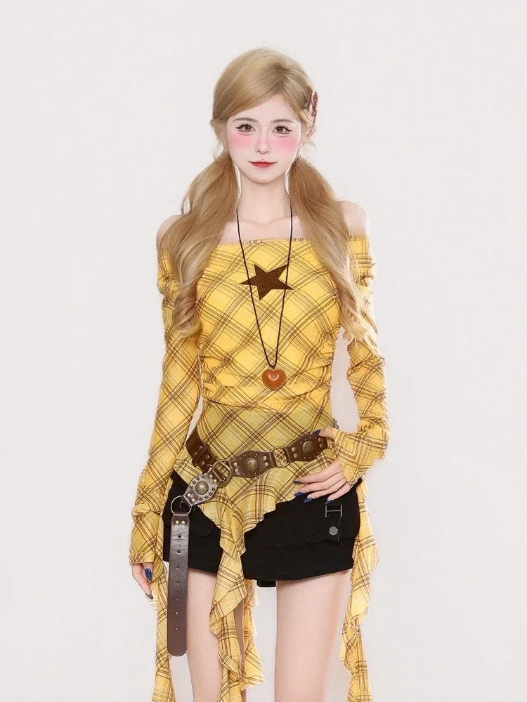 Y2K Plaid Slash Neck Vintage T - Shirts 评论和价格