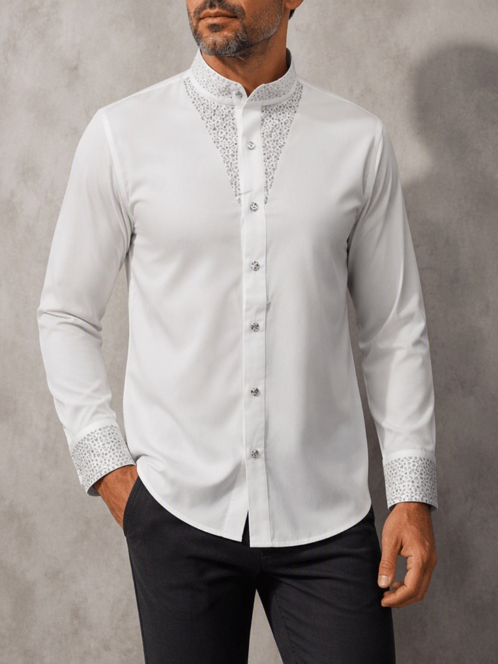 Men's Casual Business Blouse F - Mandarin Collar Formal Shirt Slim Fit 评论和价格