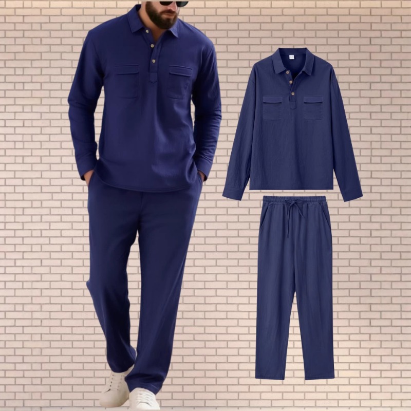 Mens Linen Blend Two Piece Set - Mens Linen Shirt Long Sleeve 评论和价格