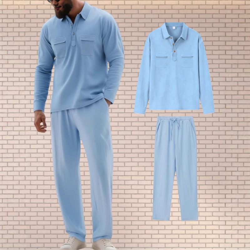 Mens Linen Blend Two Piece Set - Mens Linen Shirt Long Sleeve 评论和价格