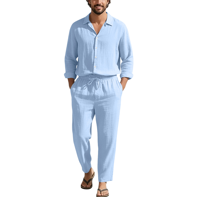 Spring Summer Linen Casual Set - Mens Linen Shirt Long Sleeve 评论和价格